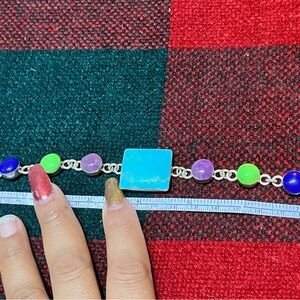 Vintage Mexico Multi Gemstone Inlay Sterling Silver Toggle Bracelet 7.5”